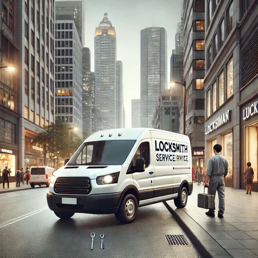 locksmith service van parked on a busy city street, without any visible signs or logos. The scene shows a modern urban environment with tall buildin